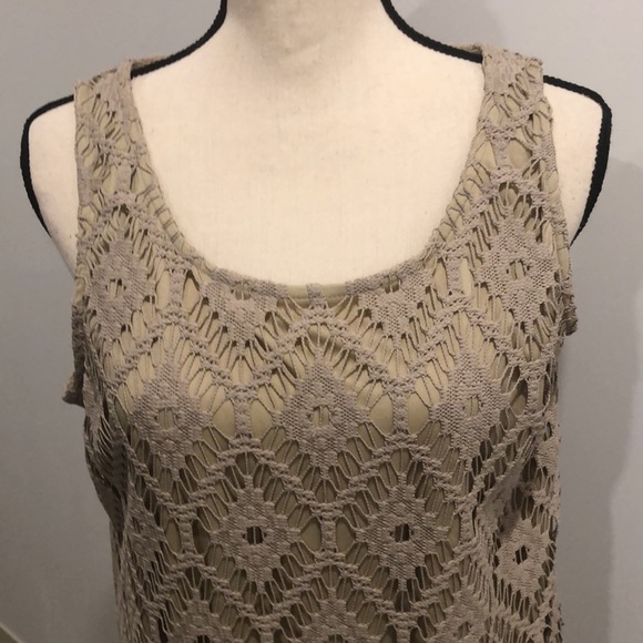 Chico gold maxi macramé dress zip side  sleeveless SZ 2 side slit Vintage gown - Picture 3 of 9